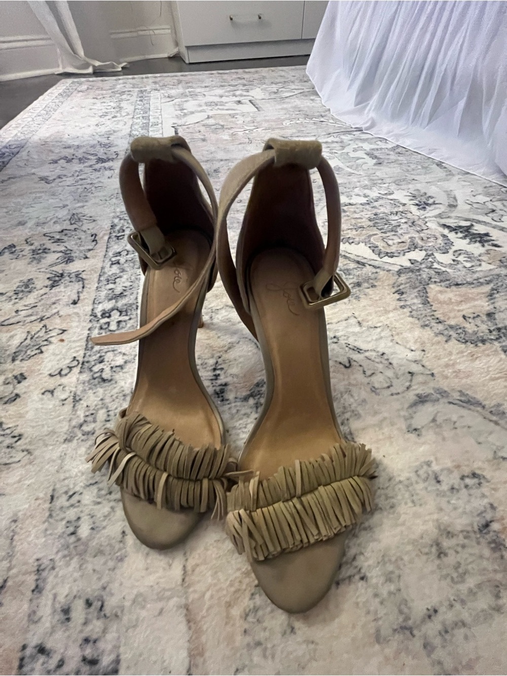 Joie Fringe Ankle-Strap Heels in Tan Pippi heels